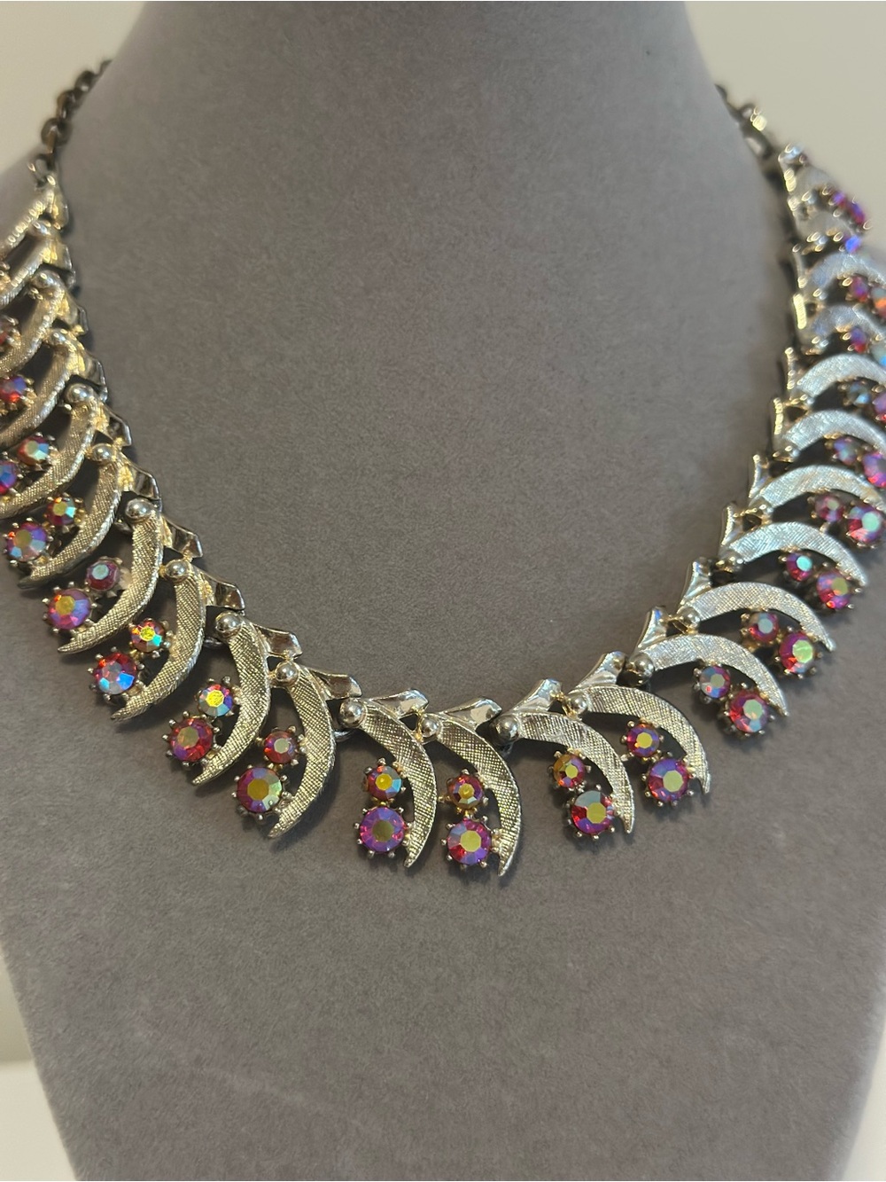 AB Rhinestone Crescent Statement Necklace Adjustable 16” - Picture 4 of 7